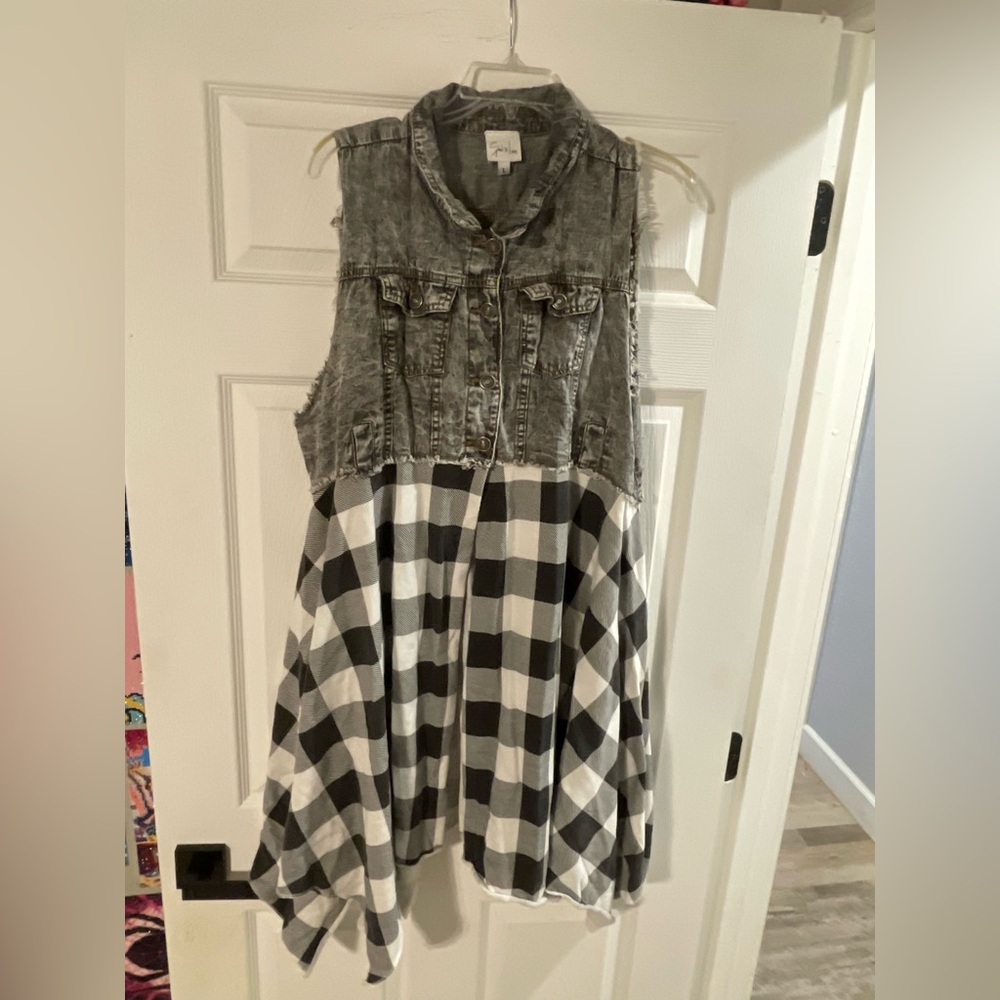 Sew In Love Gray Denim and Black Checkered Tunic